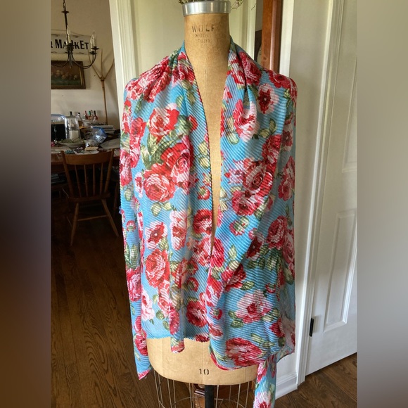 Turquoise and Roses Flowy Scarf 6’ NWT RETRO FABULOUS - Picture 9 of 10